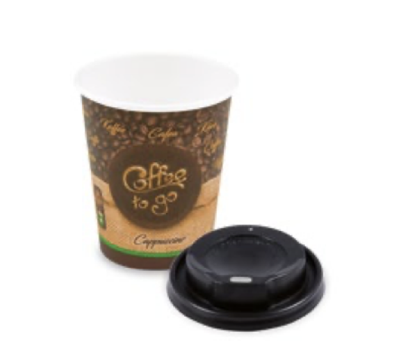 Pappbecher "Coffee to go" &Oslash;80mm 280ml `M: 0,2L/8oz` + Deckel schwarz [10 Sets]