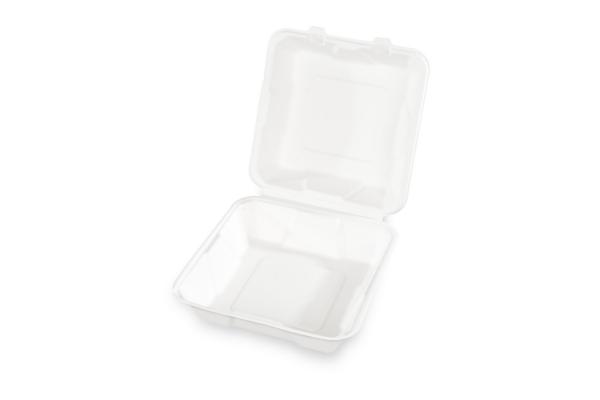 Menü-Klapp-Box, ungeteilt, 205 x 205 x 85 mm aus Zuckerrohr