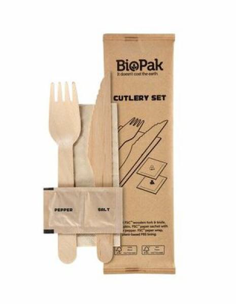 Holz Gabel, Messer, Serviette, Salz, Pfeffer - 250 Stück