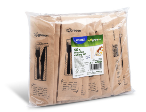 Besteckset (Holz FSC 100%) Messer-Gabel+Serviette 16 cm