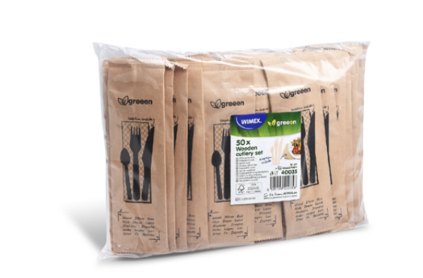 Besteckset (Holz FSC 100%) Messer-Gabel-Kaffeelöffel+Serviette, 16 cm