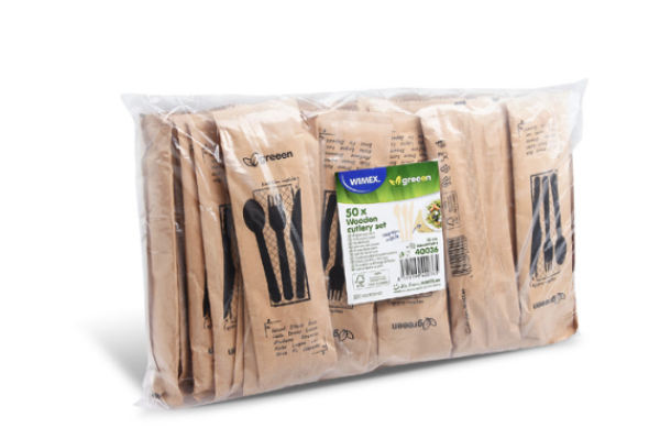 Besteckset (Holz FSC 100%) Messer-Gabel-Löffel+Serviette, 16 cm