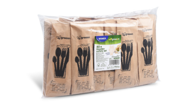 Besteckset (Holz FSC 100%) Messer-Gabel-Löffel-Kaffeelöffel+Serviette, 16 cm