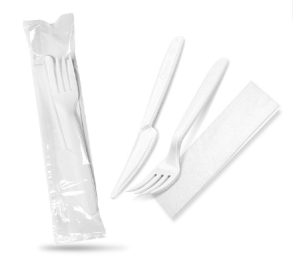 Besteckset (PP) wiederverwendbar Messer-Gabel+Serviette weiß, 18,5 cm
