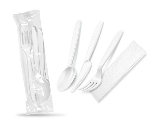 Besteckset (PP) wiederverwendbar Messer-Gabel-Löffel+Serviette weiß, 18,5 cm