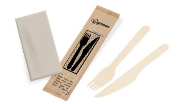 Besteckset (Holz FSC 100%) Messer-Gabel+Serviette [60 Sets]