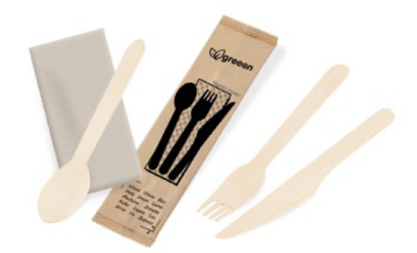 Besteckset (Holz FSC 100%) Messer-Gabel-L&ouml;ffel+Serviette [50 Sets]