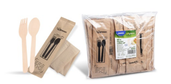 Besteckset (Holz FSC 100%) Gabel-L&ouml;ffel+Serviette [50 Sets]