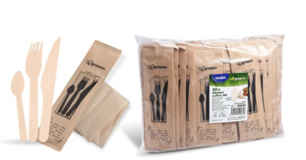 Besteckset (Holz FSC 100%) Messer-Gabel-Kaffeel&ouml;ffel+Serviette [50 Sets]