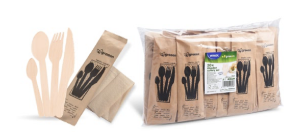 Besteckset (Holz FSC 100%) Messer-Gabel-L&ouml;ffel-Kaffeel&ouml;ffel+Serviette [50 Sets]