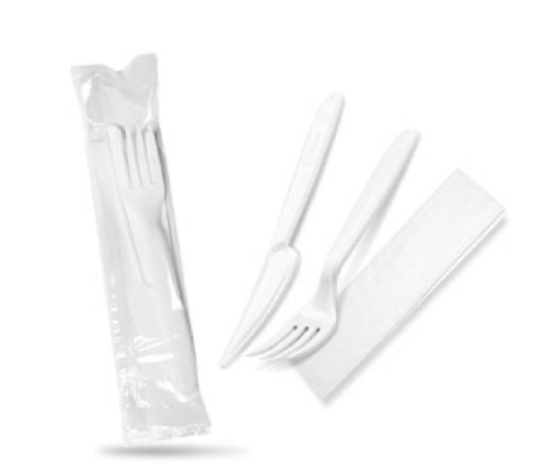 Besteckset (PP) wiederverwendbar Messer-Gabel+Serviette wei&szlig; [250 Sets]