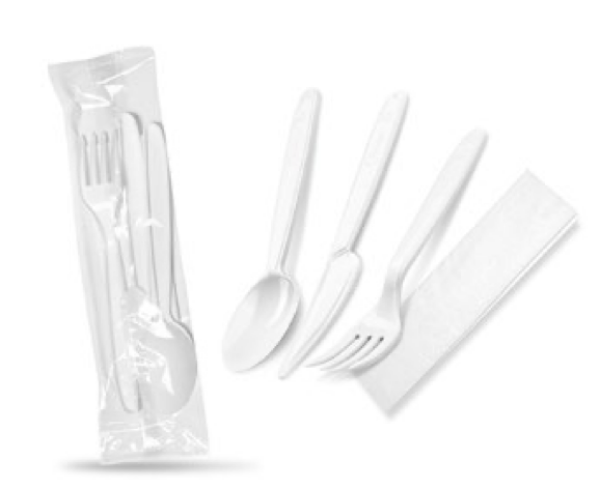 Besteckset (PP) wiederverwendbar Messer-Gabel-L&ouml;ffel+Serviette wei&szlig; [250 Sets]